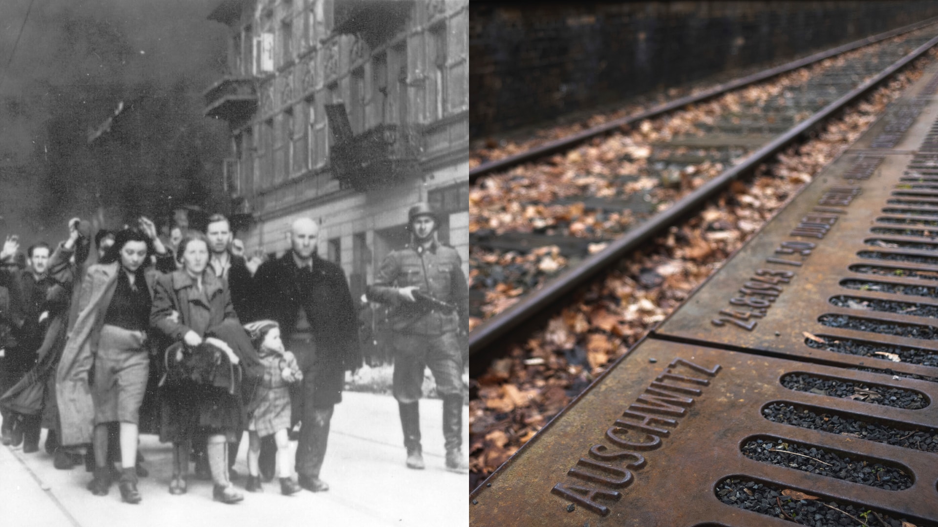 Snímka zobrazuje, ako nacistickí vojaci odvádzajú Židov do tábora Auscwitz Birkenau. Fotografia koľajníc do tábora v Osvienčime, ktorého sociálne siete spravuje Paweł Sawicki