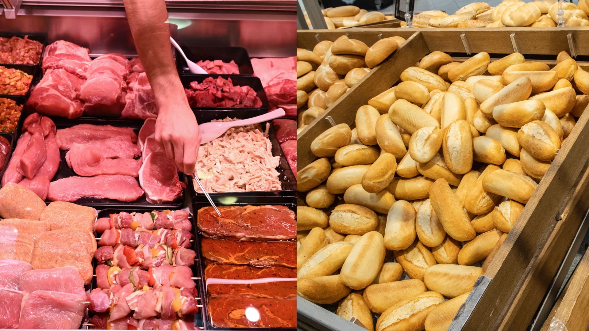 na snímke je mäso a pečivo