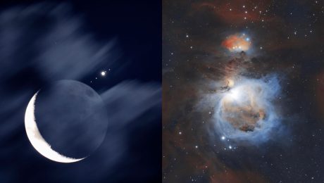 Stretnutie Mesiaca s Jupiterom a súhvezdie Orión