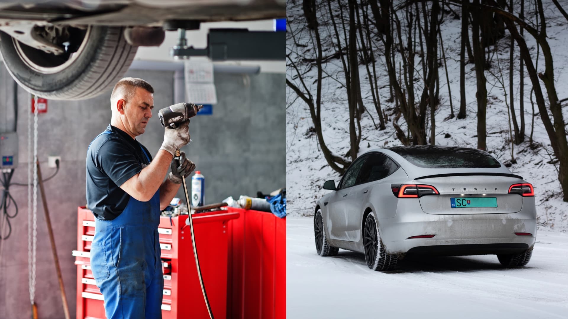 na snímke je mechanik a Tesla