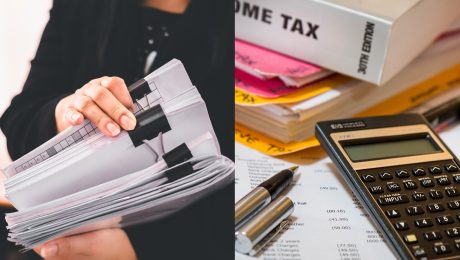 Na snímke žena s dokumentmi a kalkulačka