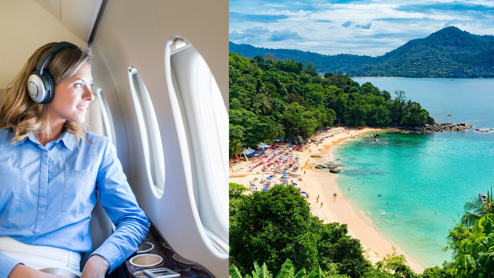 Na snímke je žena v lietadle a pláž s morom