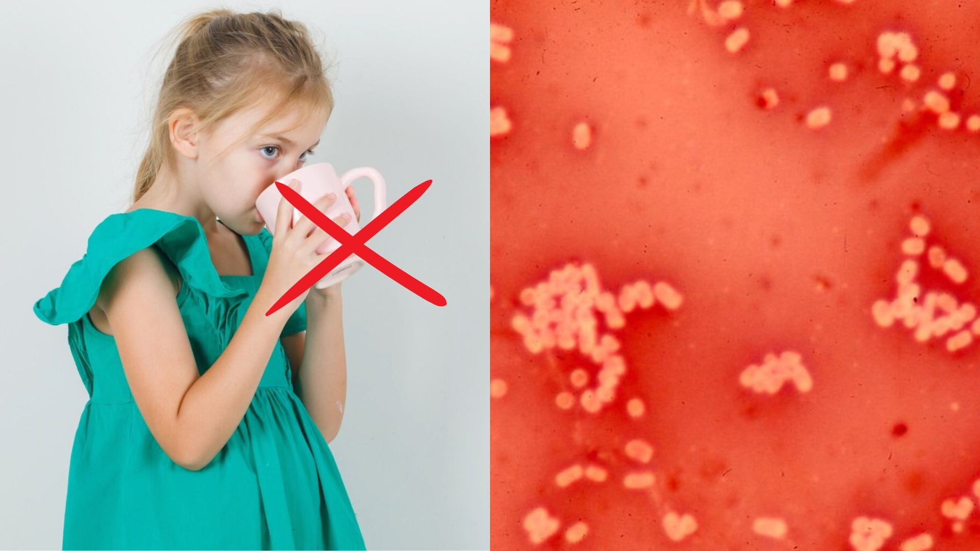 Dievčatko pije z pohára a baktéria legionella.