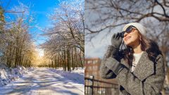 Slnečné počasie a žena s okuliarmi pozerá na oblohu.
