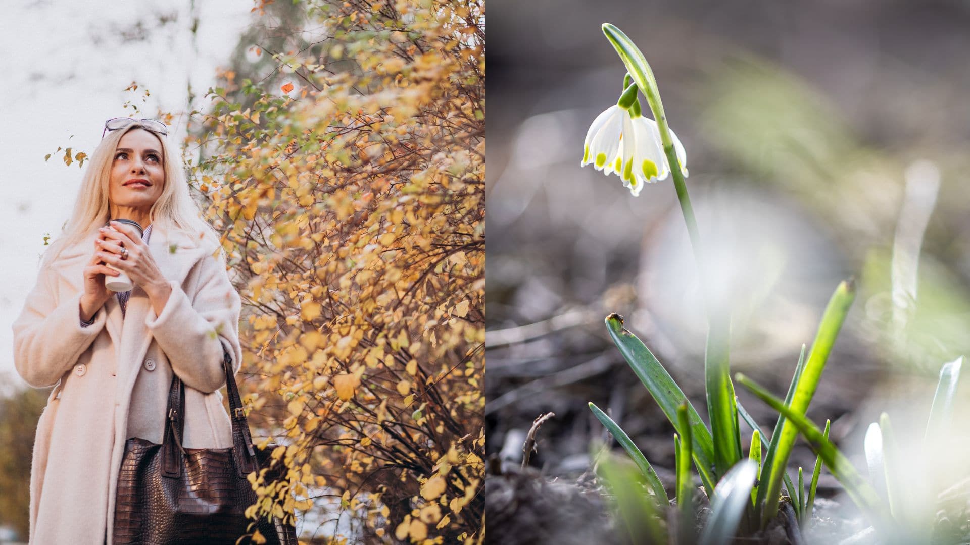 Žena v kabáte a s kávou v ruke a snežienka.