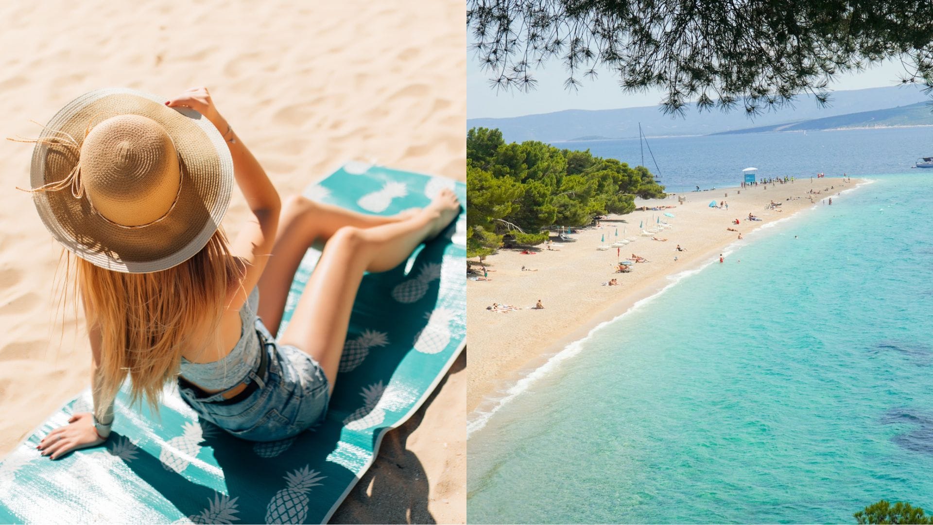 Žena sa opaľuje na pláži a chorvátska pláž.