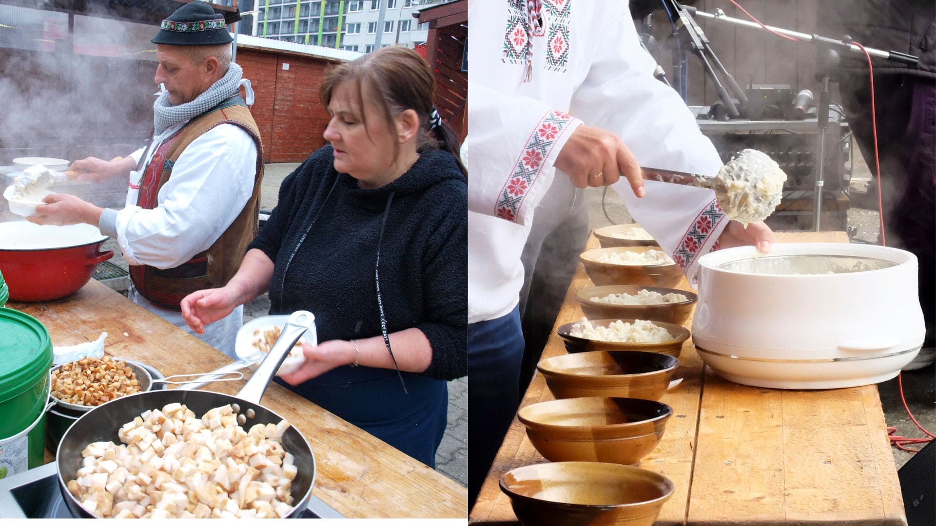 Žena a muž pripravujú bryndzové halušky a muž naberá bryndzové halušky do tanierov.