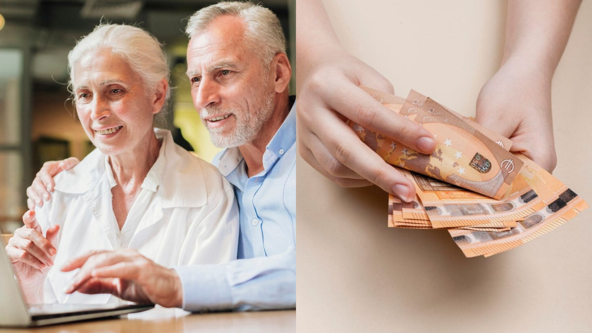 Seniori na notebooku a peniaze v rukách.