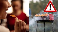 Žena konzumuje čipsy a gril.