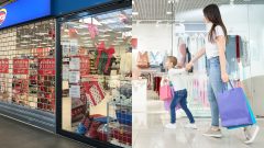 Obchod a žena s dievčatkom držia nákupné tašky.