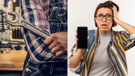 Opravár s kľúčom a žena s mobilom v ruke.