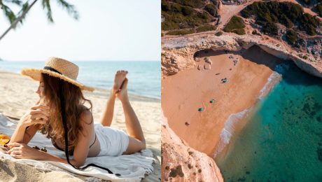 Žena na pláži a pláž z vtáčej perspektívy.