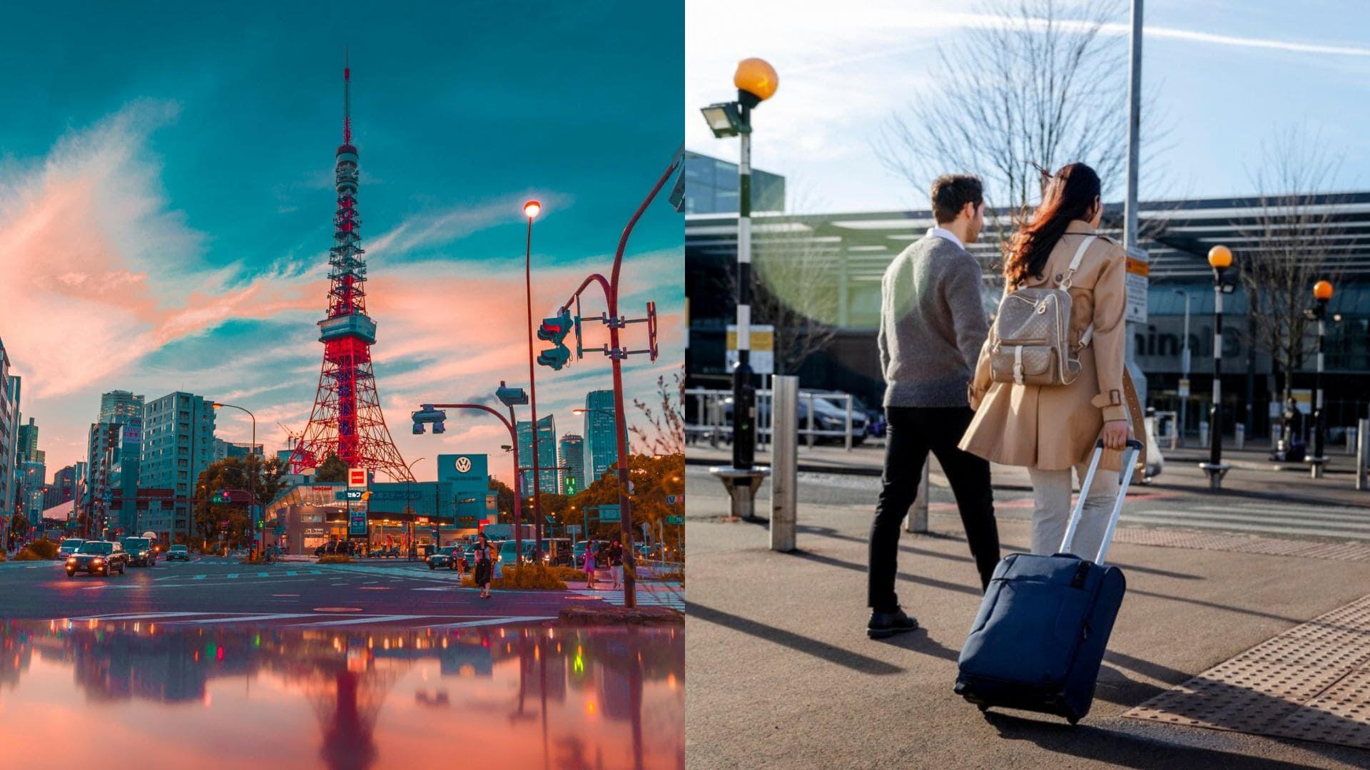 Tokio a pár s kufrom mieri na letisko.