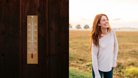 Na snímke je teplomer a usmievajúca sa žena