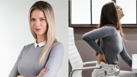 Fyzioterapeutka PhDr. Miriama Šinglerová, mladú ženu na stoličke bolí chrbát