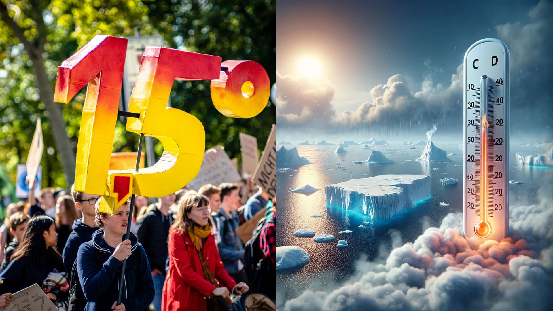 na snímke sú protestujúci proti klimatickej zmene a teplomer