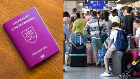 Na snímke cestovný slovenský pas a cestujúci na letisku