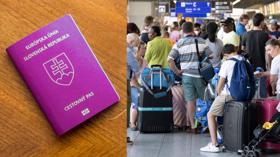 Na snímke cestovný slovenský pas a cestujúci na letisku