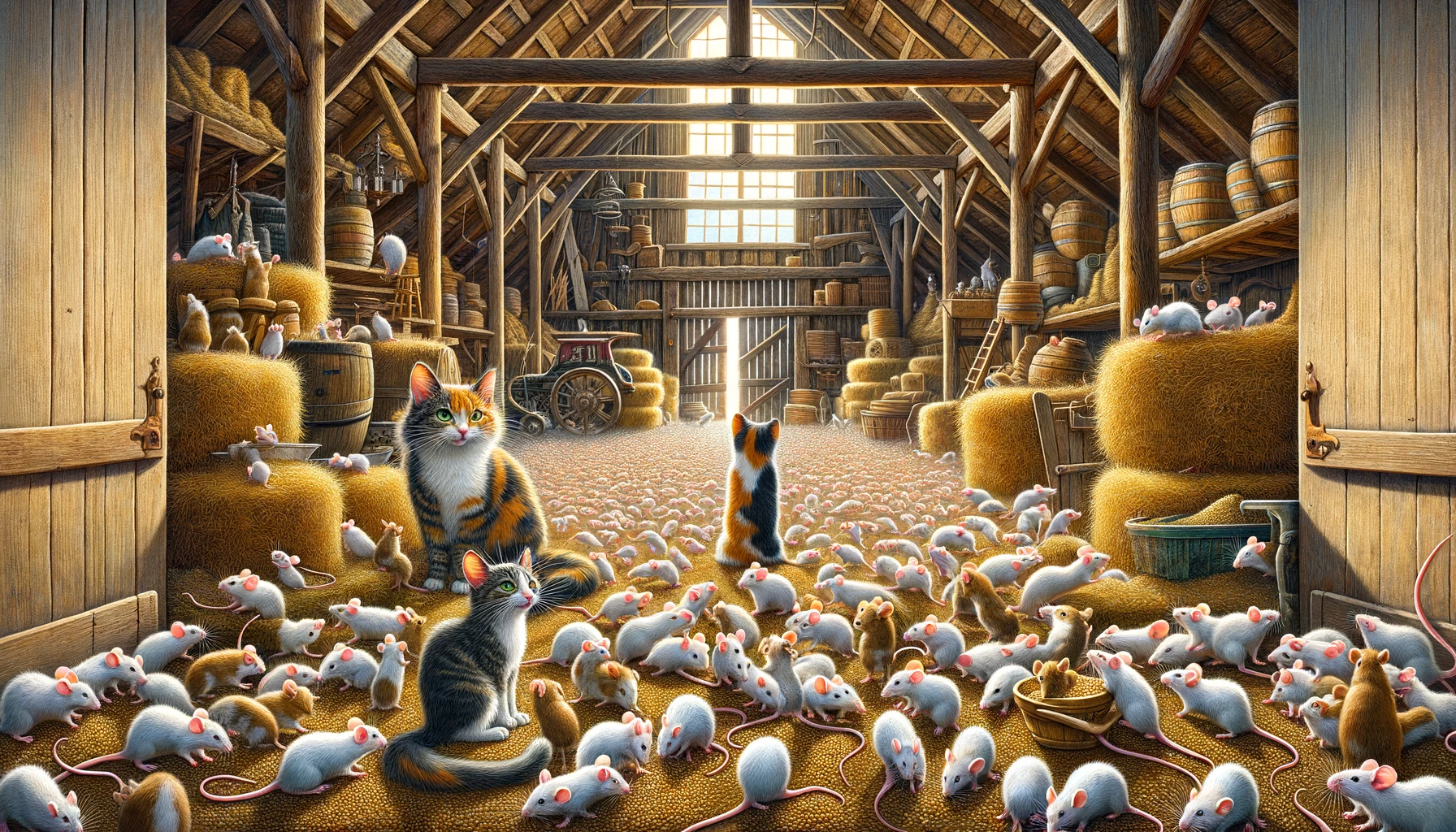 Na snímke mačky a myši v stodole