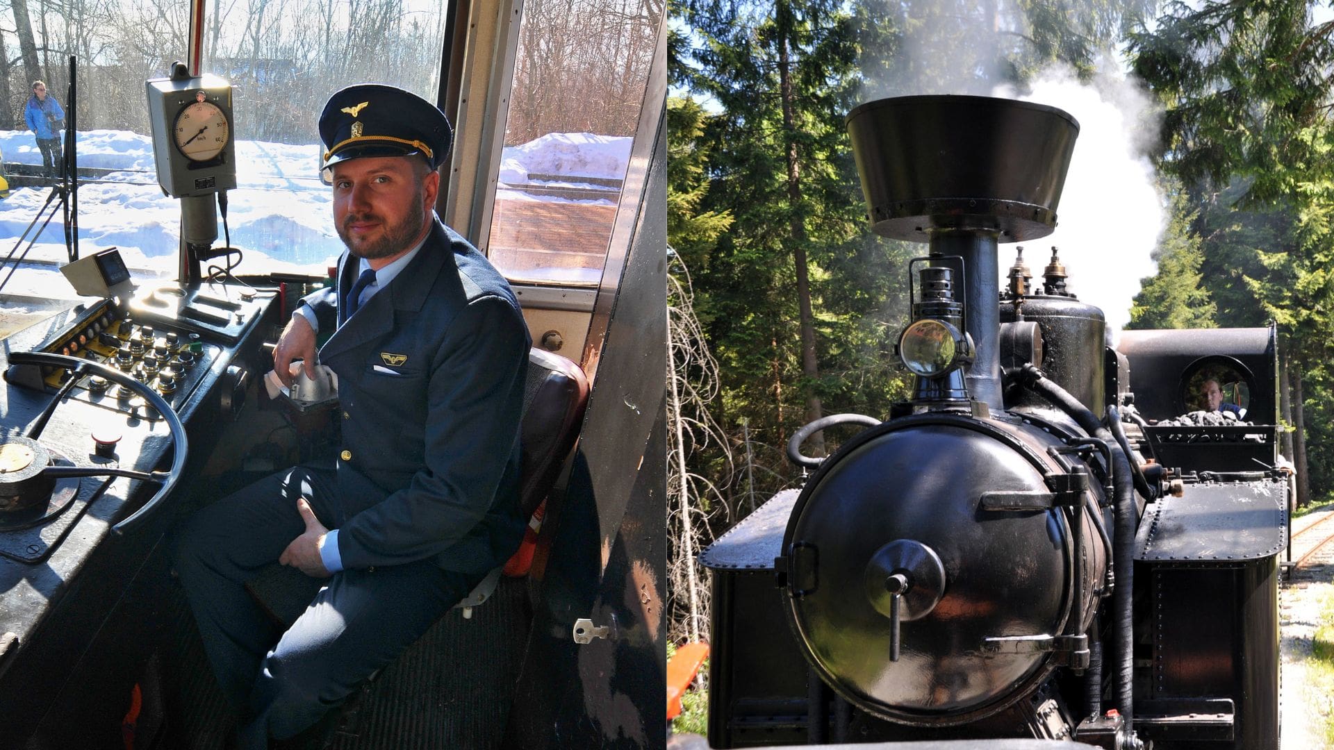 Rušňovodič pri práci a starodávny rušeň