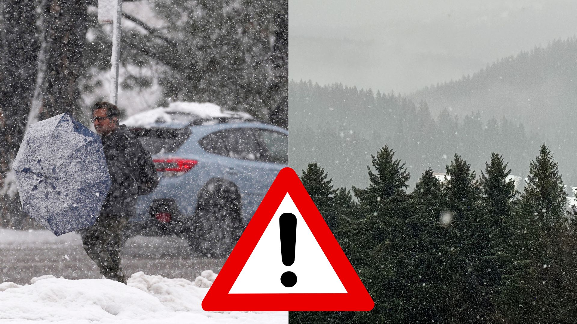 Muž s dáždnikom v snehu a sneženie na horách.