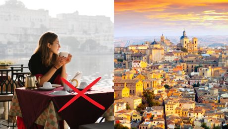 Žena sedí za stolom v reštaurácii a mesto Sevilla.