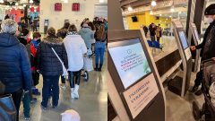 Ľudia čakajú v rade na vydanie cestovného pasu a terminál.