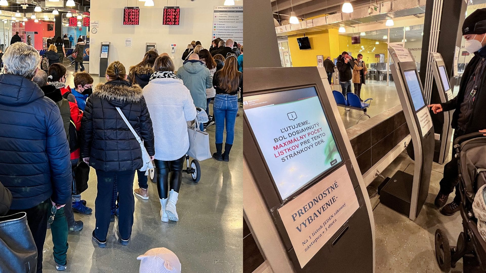 Ľudia čakajú v rade na vydanie cestovného pasu a terminál.