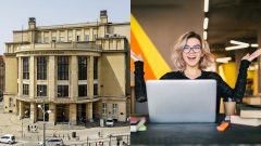 Na snímke budova Univerzity Komenského na Šafárikovom námestí v Bratislave a študentka v knižnici.