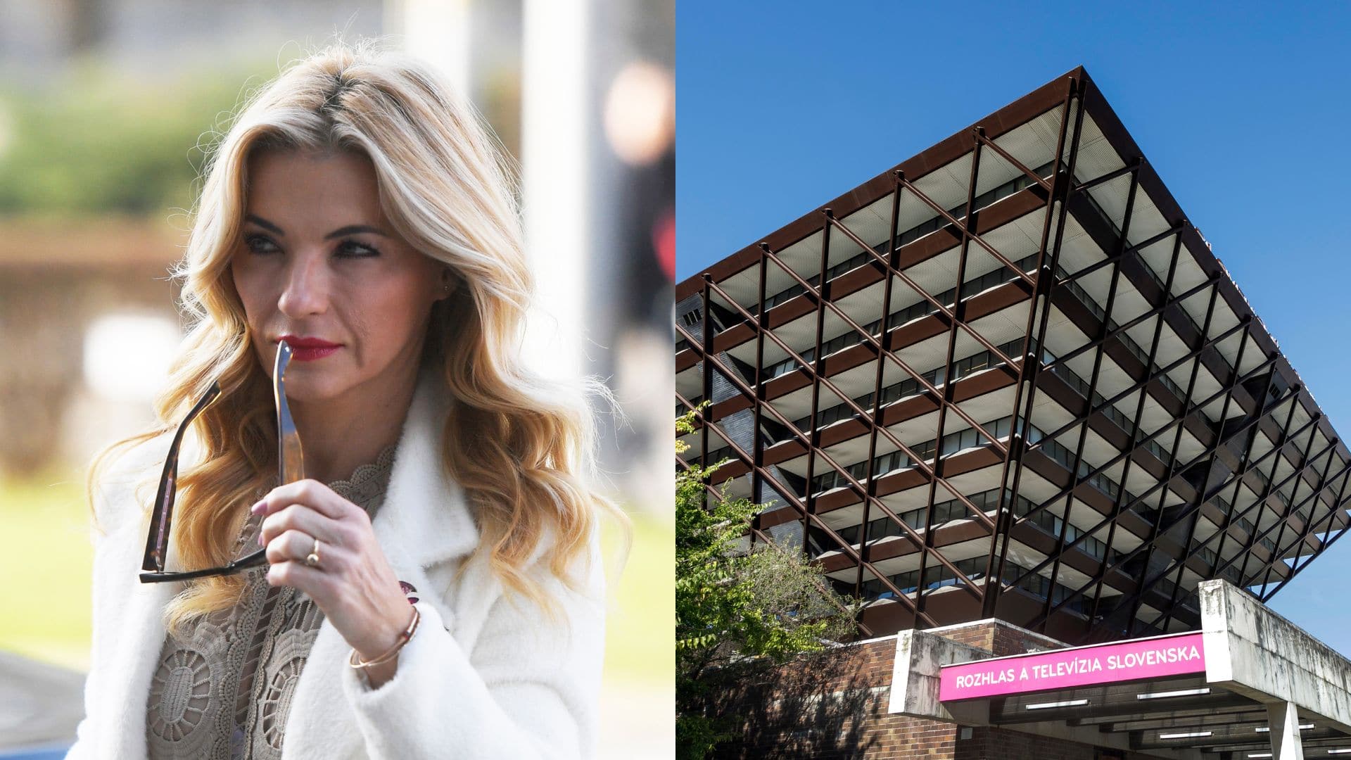 Martina Šimkovičová a budova Slovenského rozhlasu.