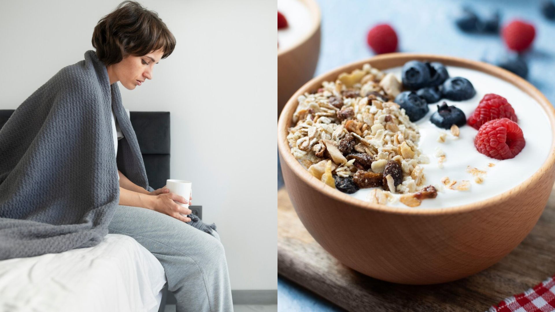 Žena na posteli a jogurtová miska.