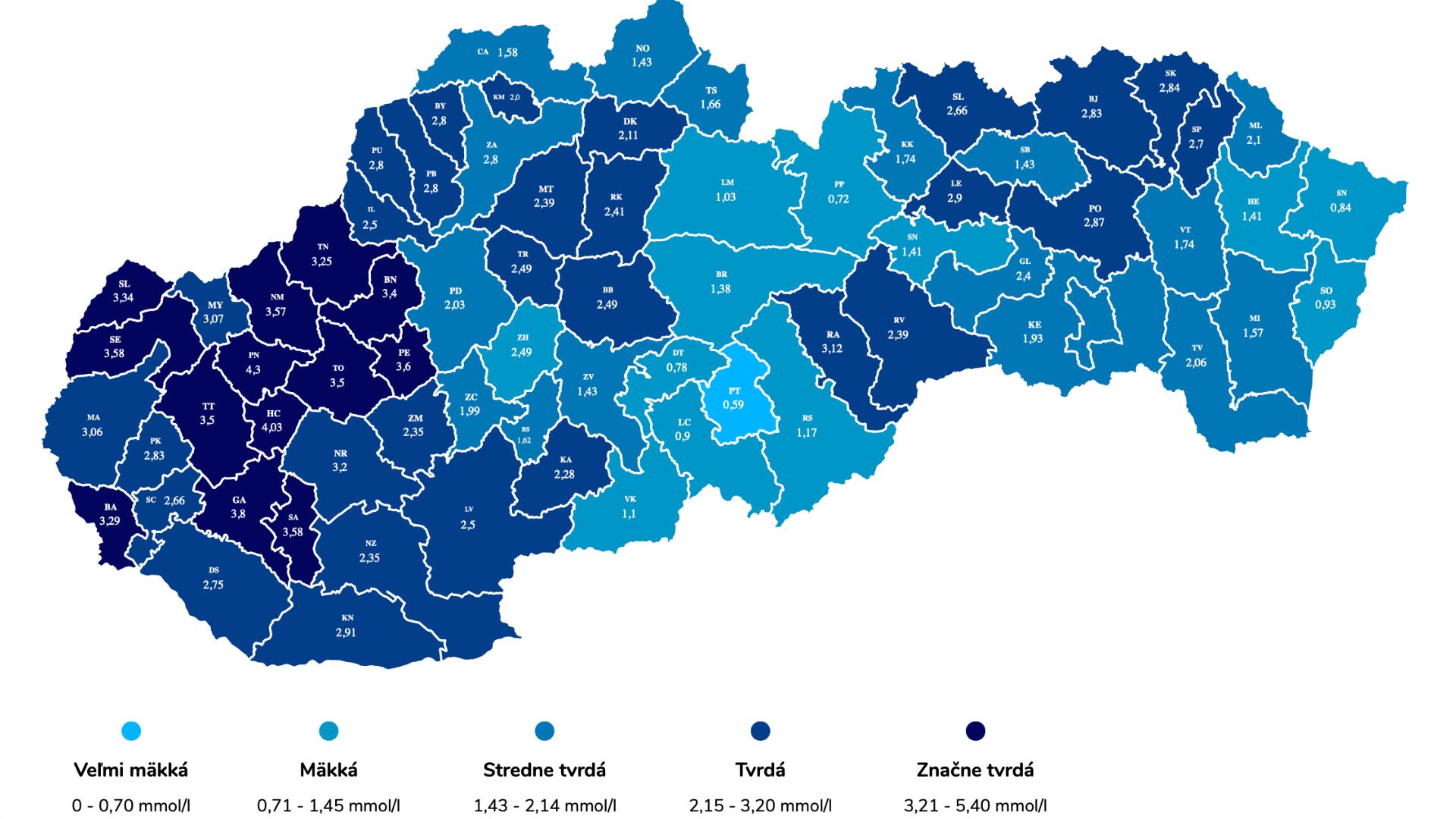 Mapa, ktorá ukazuje tvdosť vody.