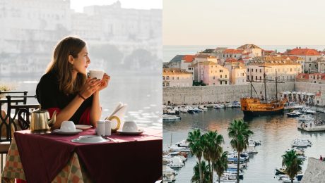 Žena sedí v reštaurácii za stolom a prístav.