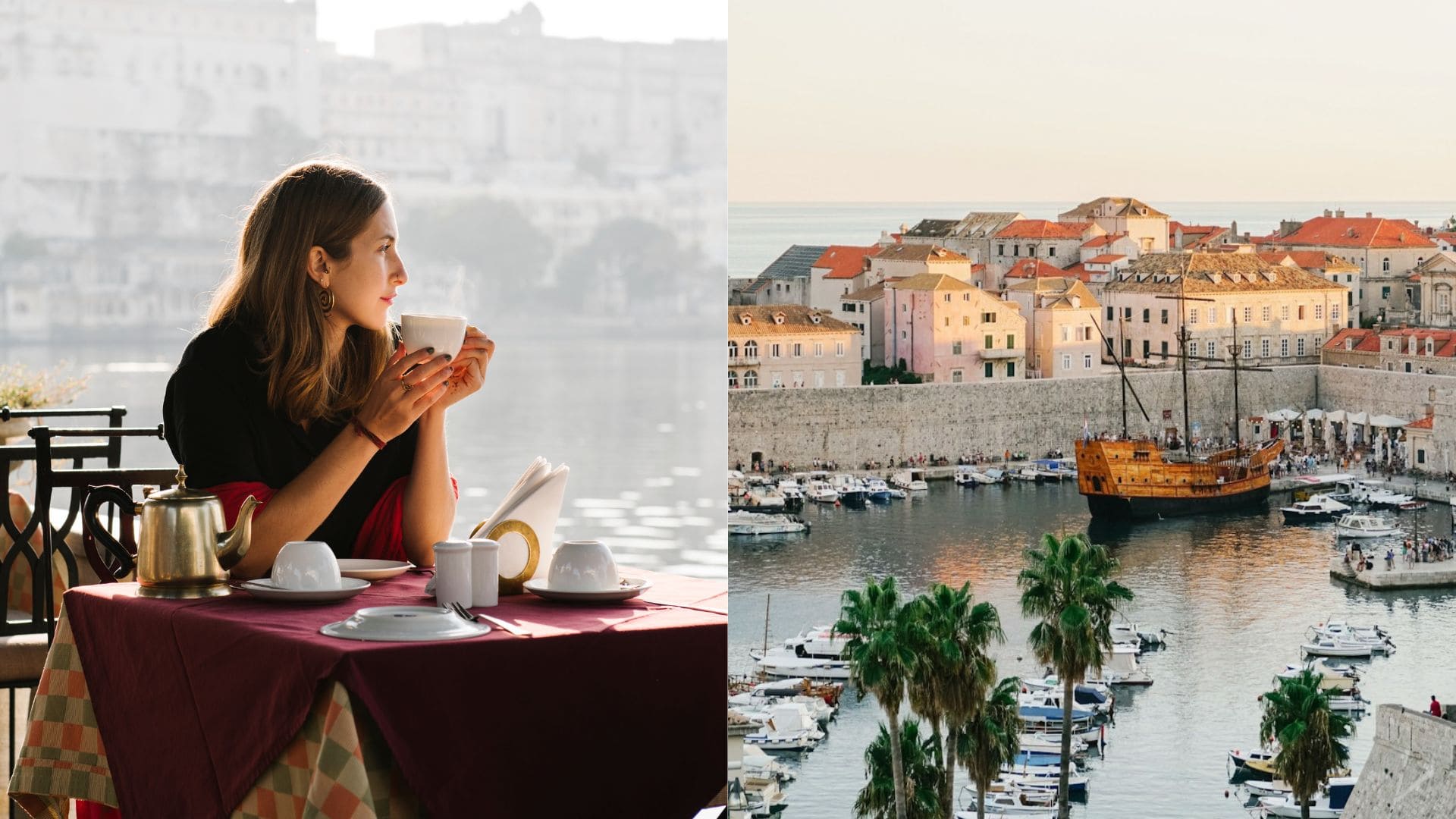 Žena sedí v reštaurácii za stolom a prístav.