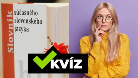 Slovník súčasného slovenského jazyka a žena so zamysleným výrazom.