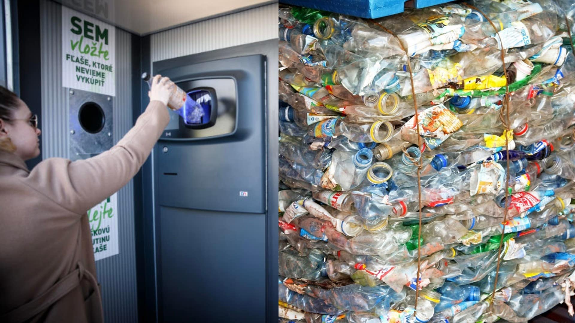 Na snímke je žena pri zálohomate a kopa umelých fliaš