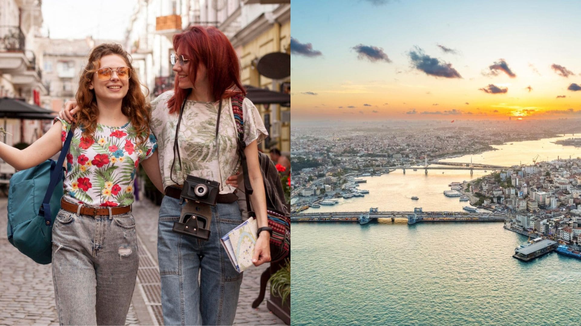 Ženy kráčajú po ulici a pohľad na Istanbul.