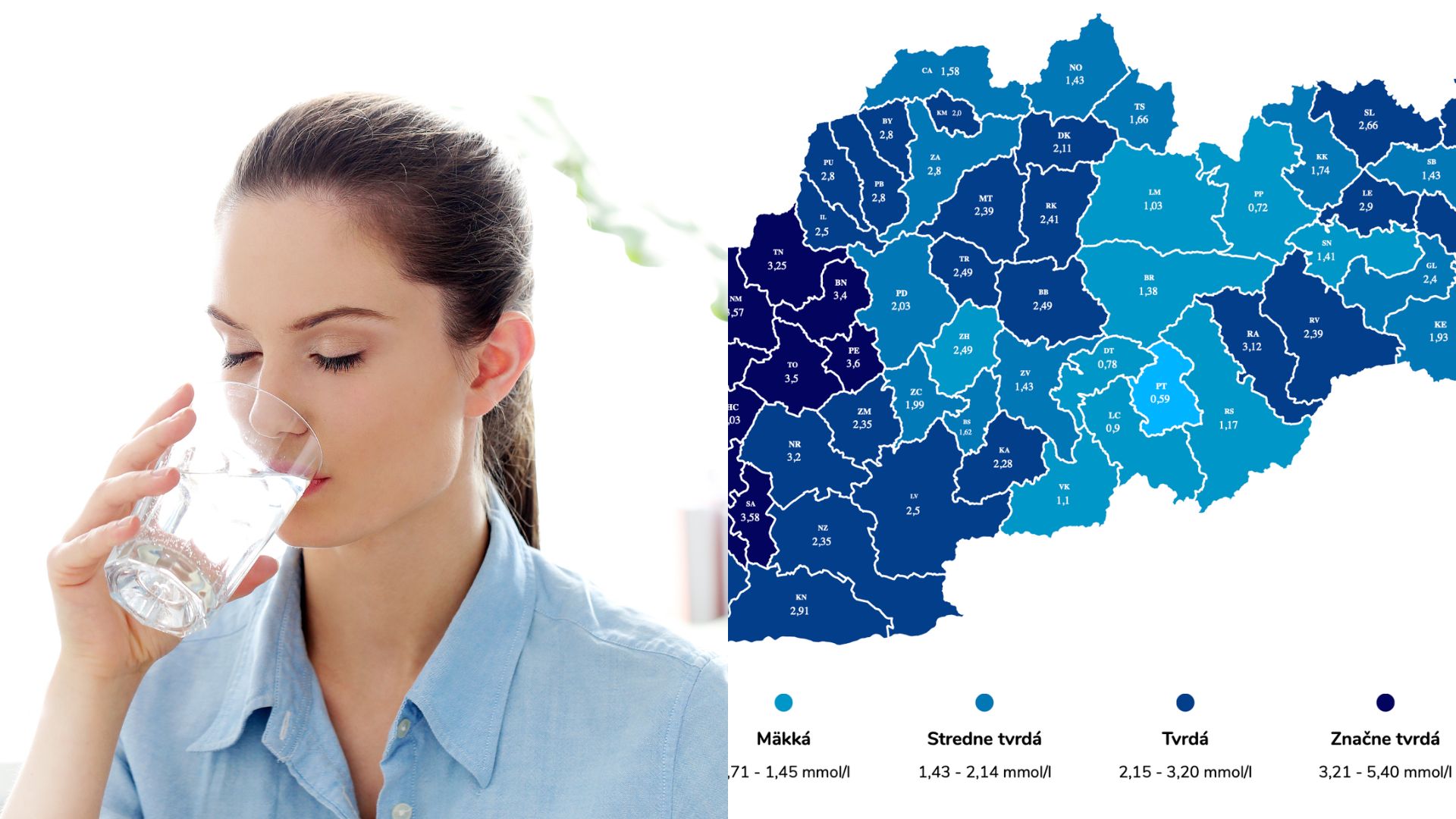 Žena pije vodu a mapka tvrdosti vody.