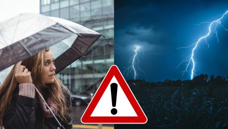 Žena s dáždnikom a blesky.