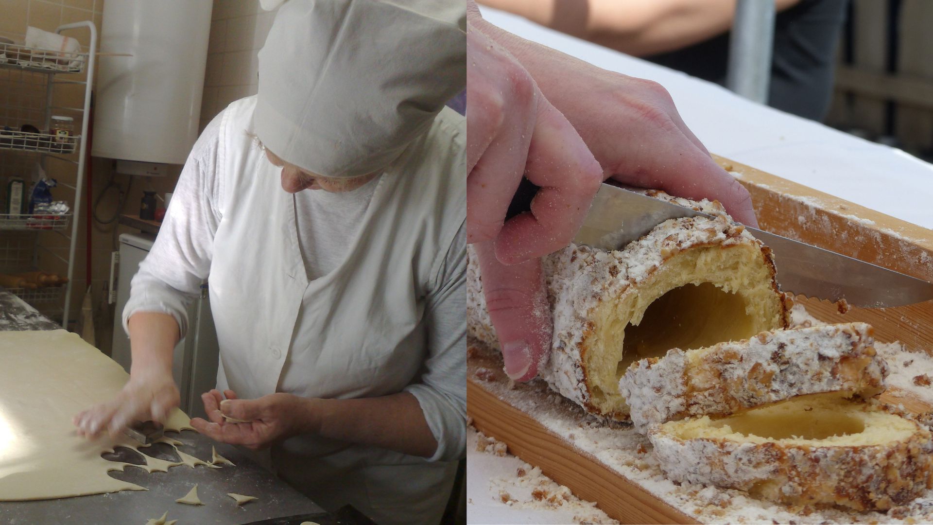 Žena vykrajuje cesto a maxitrdelník.