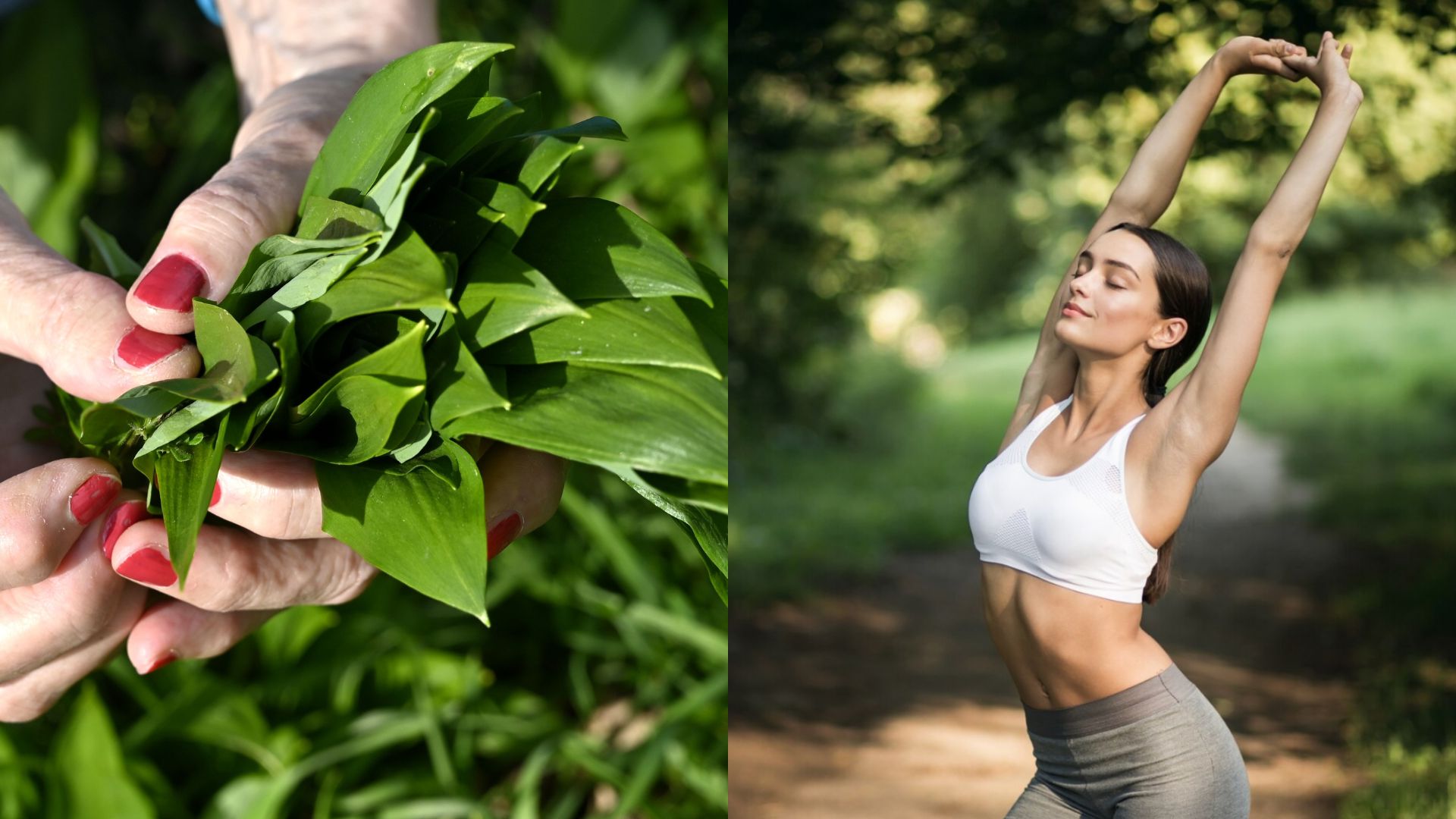 Medvedí cesnak a žena sa naťahuje pred behom.