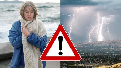 Žena si drží šál a blesky.