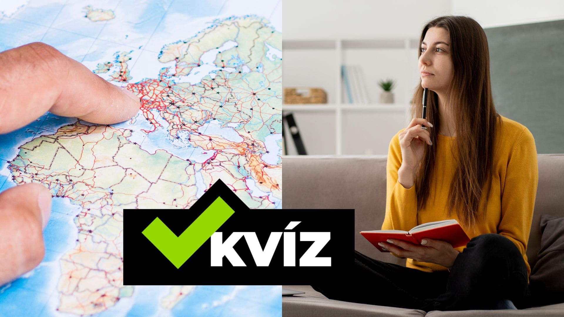 Prst ukazuje na mapu a žena na gauči drží zápisník v rukách.