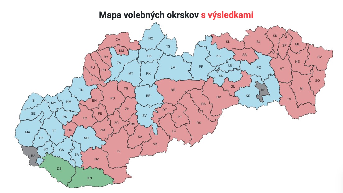 Mapa volebných okresov s výsledkami
