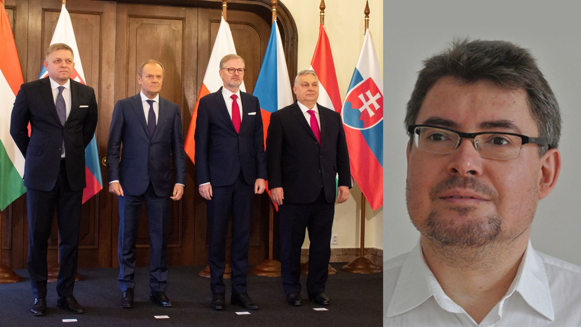 Na snímke zľava slovenský premiér Robert Fico, poľský premiér Donald Tusk, český premiér Petr Fiala a maďarský premiér Viktor Orbán.