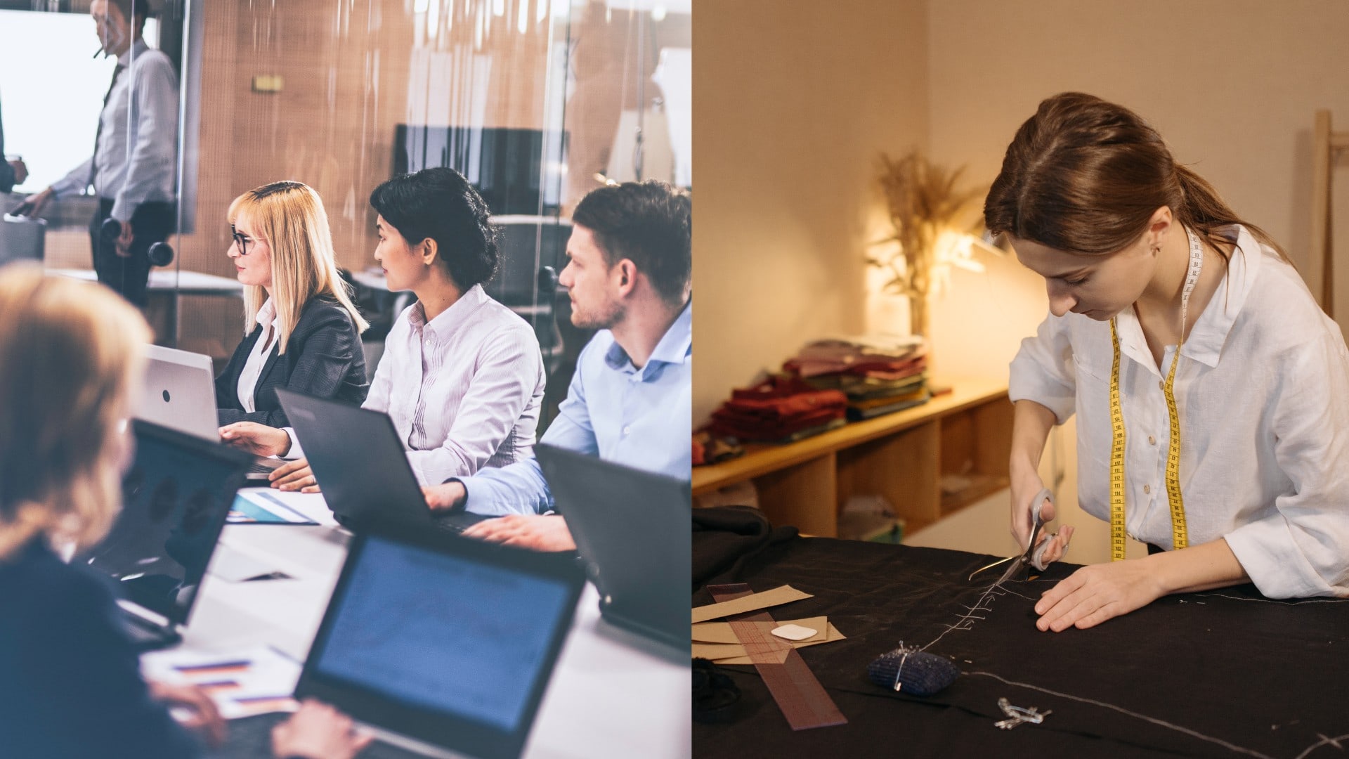 Na snímke manažéri a krajčírka