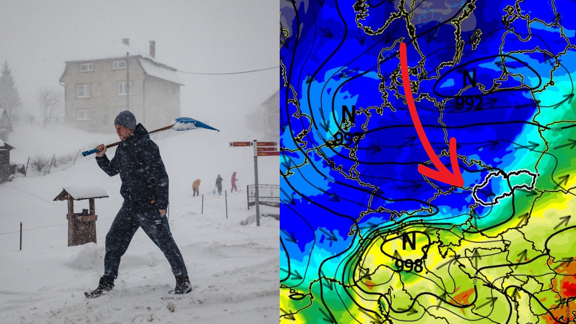 Na snímke muž s lopatou a predpoveď