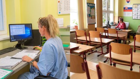 Doktorka pri práci a prázdne školské lavice.