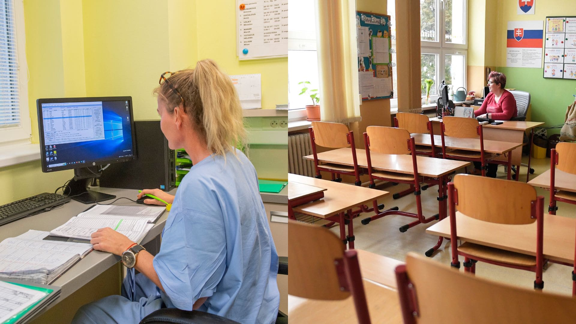 Doktorka pri práci a prázdne školské lavice.