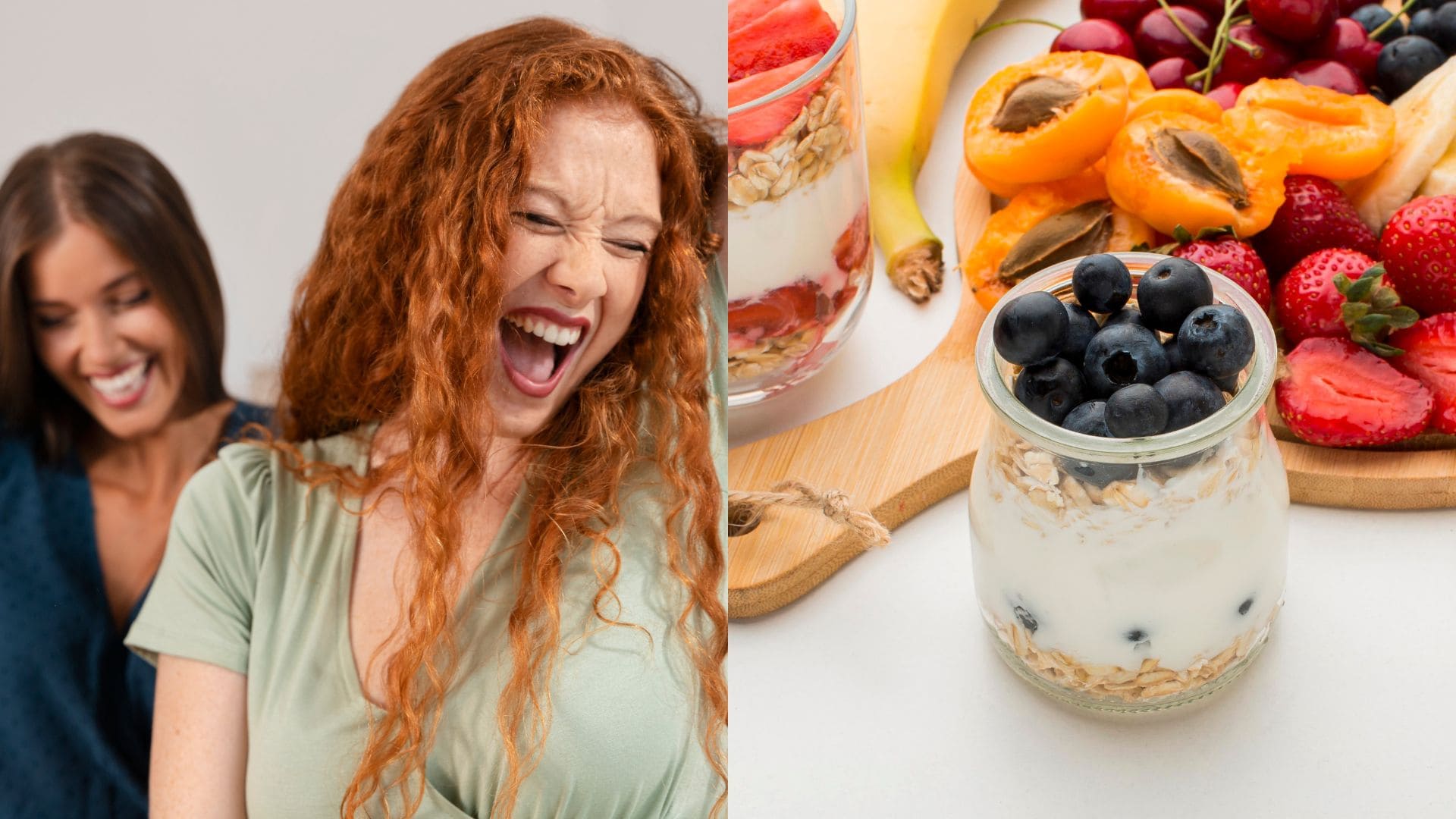 Ženy s úsmevom na tvári a jogurt s ovocím.